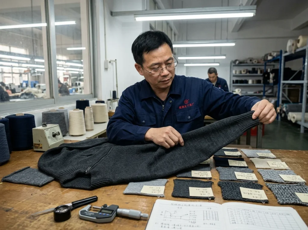 Chinese knitwear specialist checking fabric tension and hand feel of a men’s half zip sweater sample during factory testing