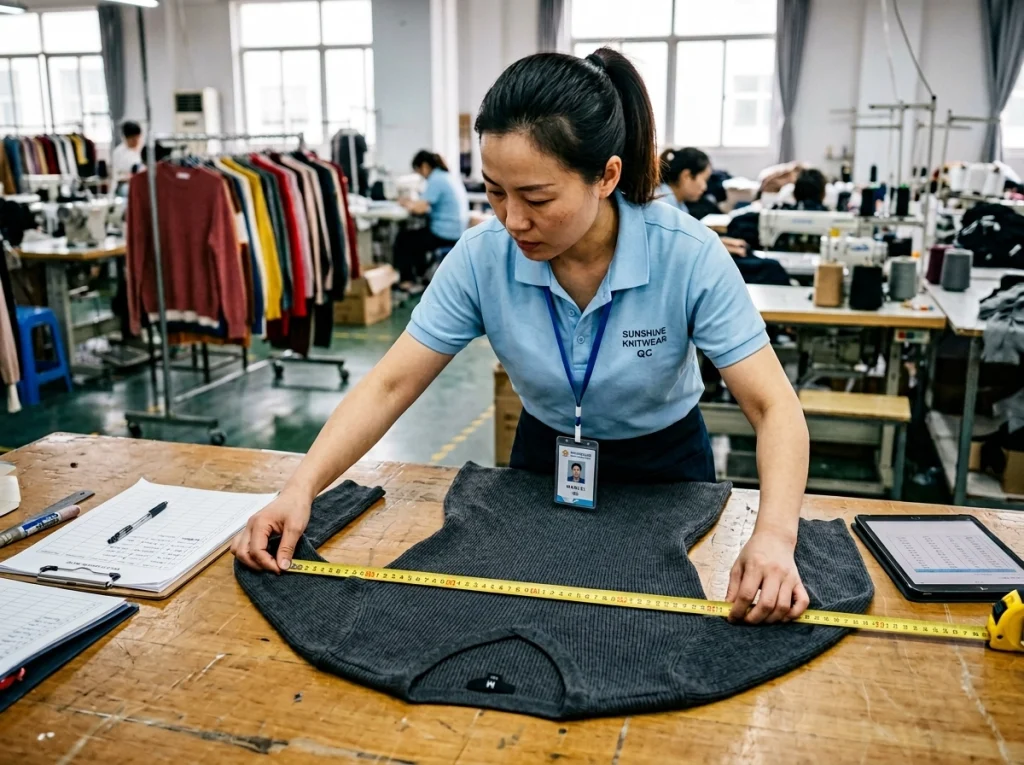 Chinese knitwear factory staff measuring a women’s knitted dress sample on a worktable to define key size points such as bust, waist, sleeve length, and garment length.