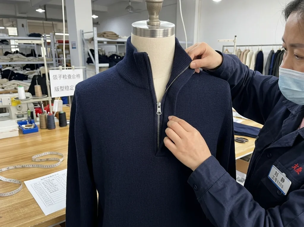 Chinese quality inspector checking collar shape and placket symmetry on a men’s zip neck knit sweater in a factory inspection area