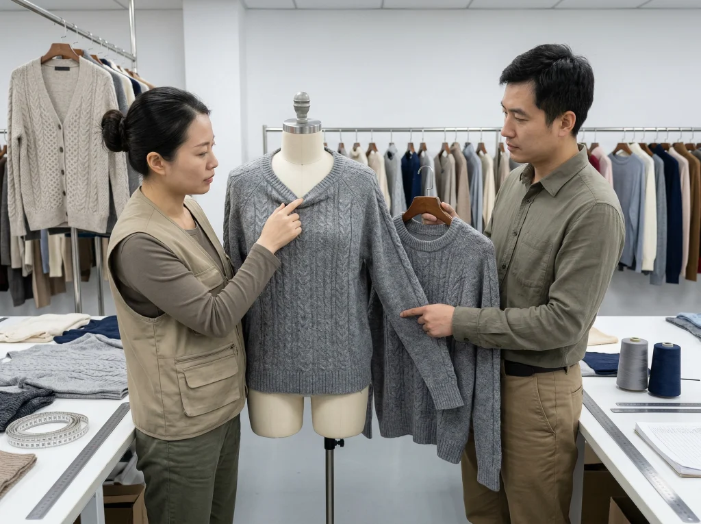 Chinese quality and development staff checking sweater sample issues such as neckline shape, sleeve balance, and knit stability.