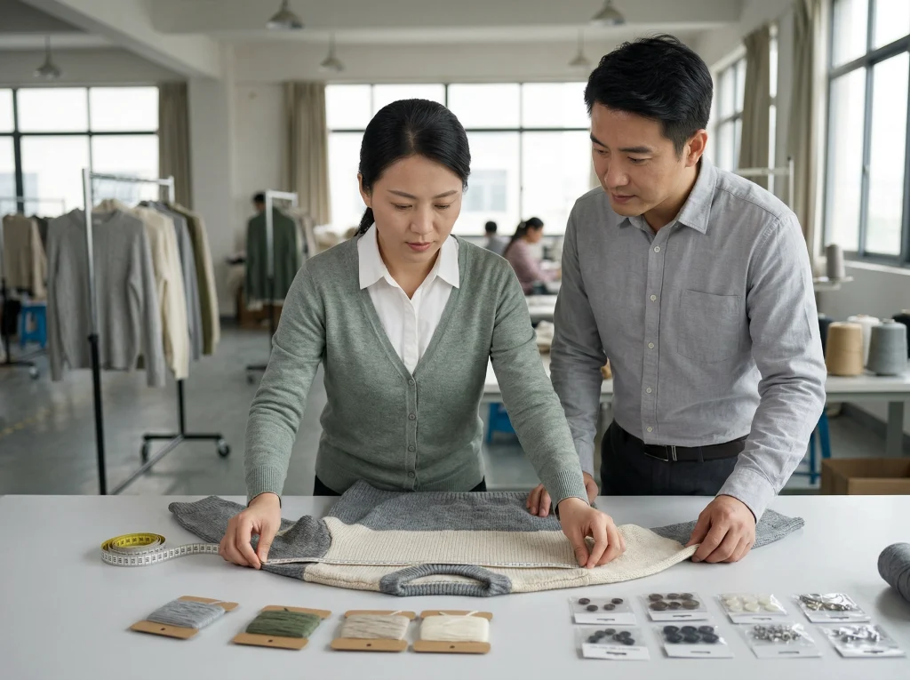 Chinese knitwear quality engineer and merchandiser checking sweater sample details for final approval.