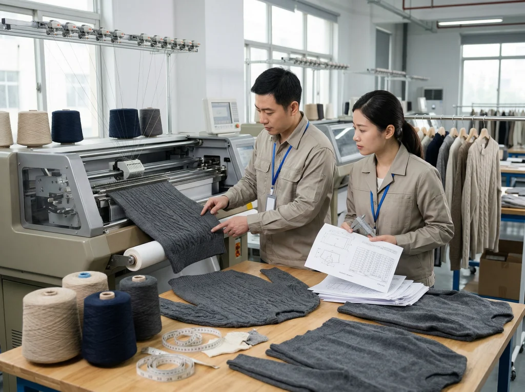 Chinese knitwear technicians turning a sweater concept into a sample in a professional sampling workshop.