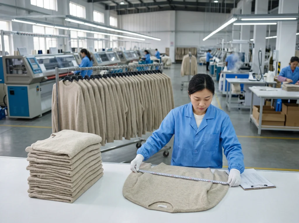 Chinese knitwear quality control staff checking bulk sweaters after sample approval in a factory production and inspection area.