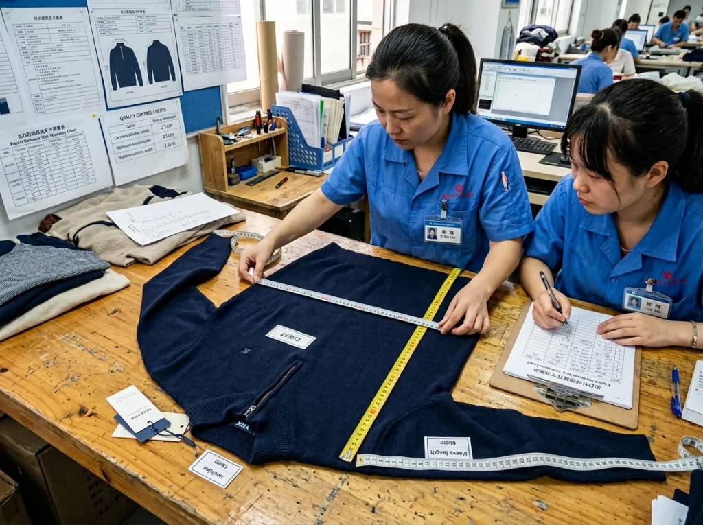 Chinese quality control staff measuring garment dimensions of a men’s zip neck sweater for export quality standards