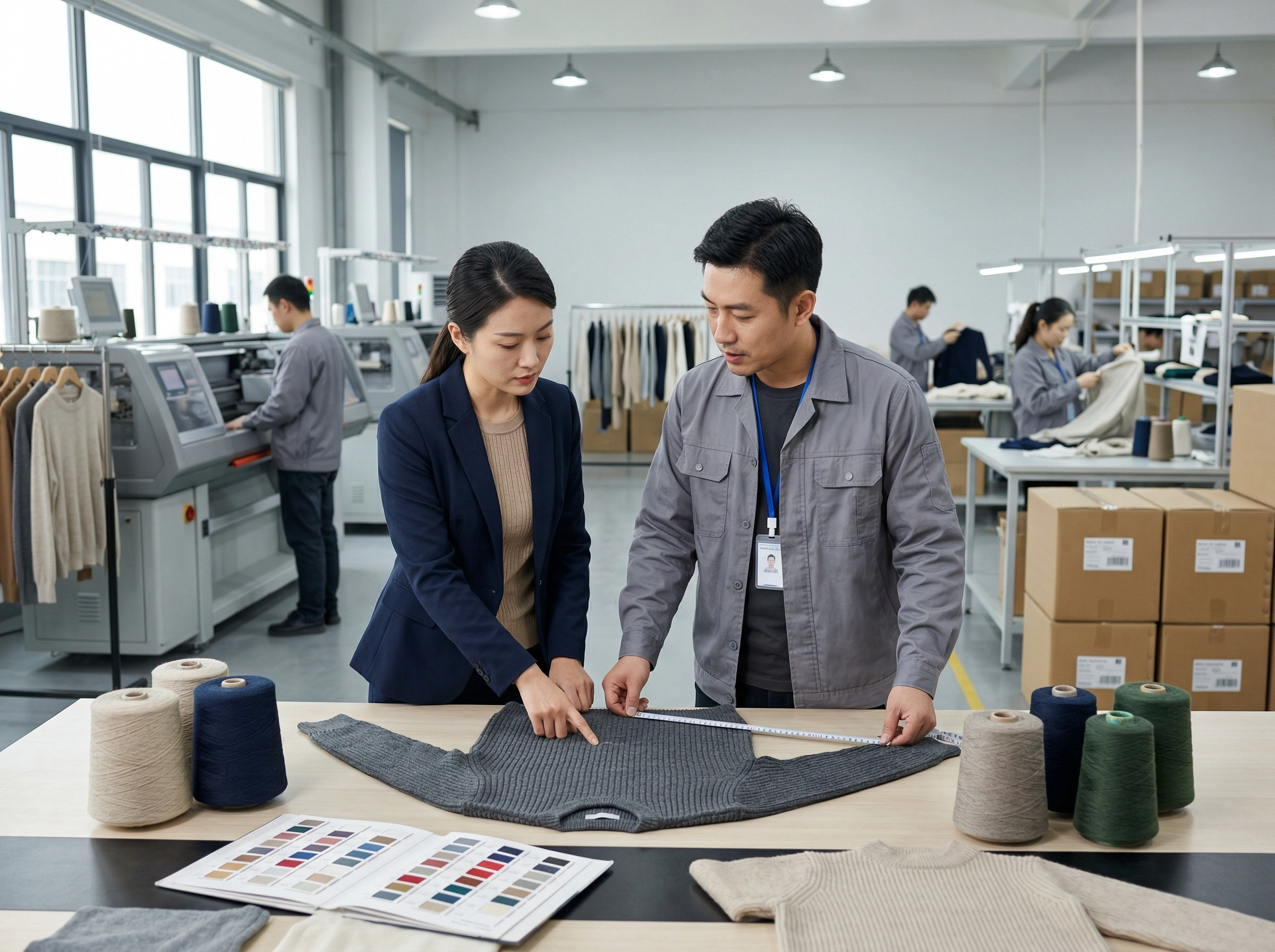 Chinese knitwear factory team reviewing sweater samples, yarns, and production details from sample development to bulk delivery.