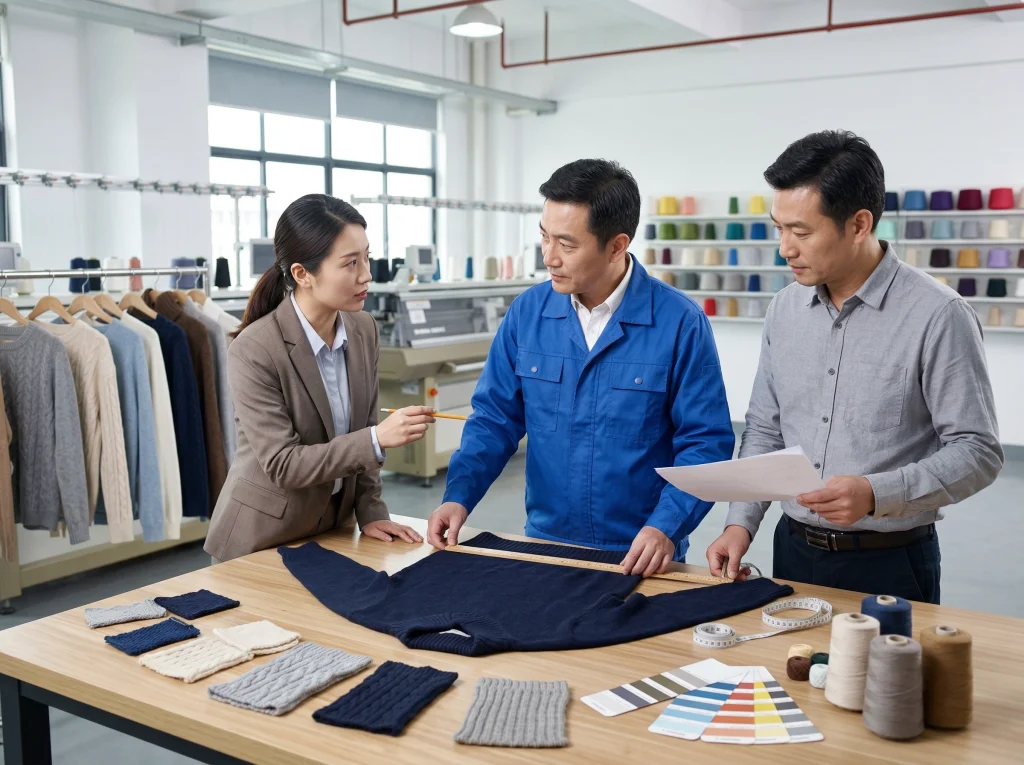 Chinese factory team and buyer-side staff reviewing a sweater sample together to align feedback and reduce extra sample rounds.