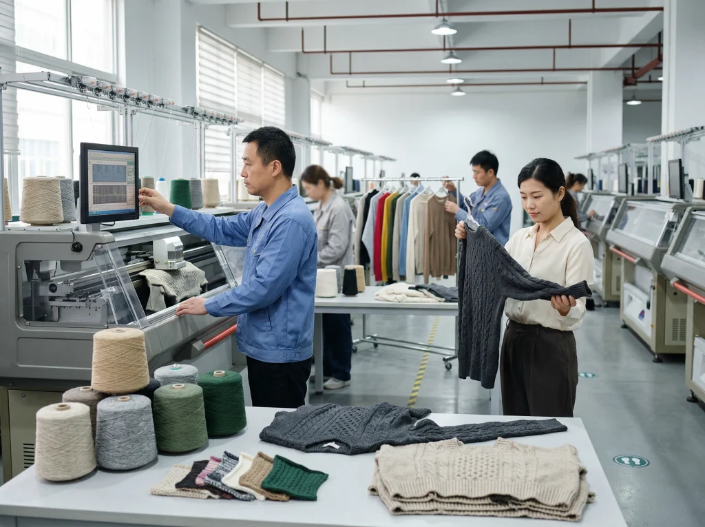 Chinese sweater factory technicians working with knitting machines, yarn options, and sample garments to improve sampling efficiency.