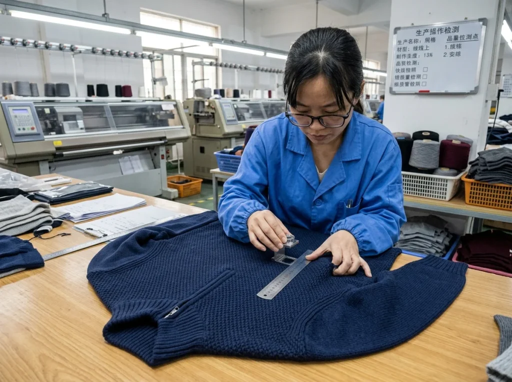 Chinese knitwear technician inspecting stitch density and surface texture of a men’s zip neck sweater sample in a factory