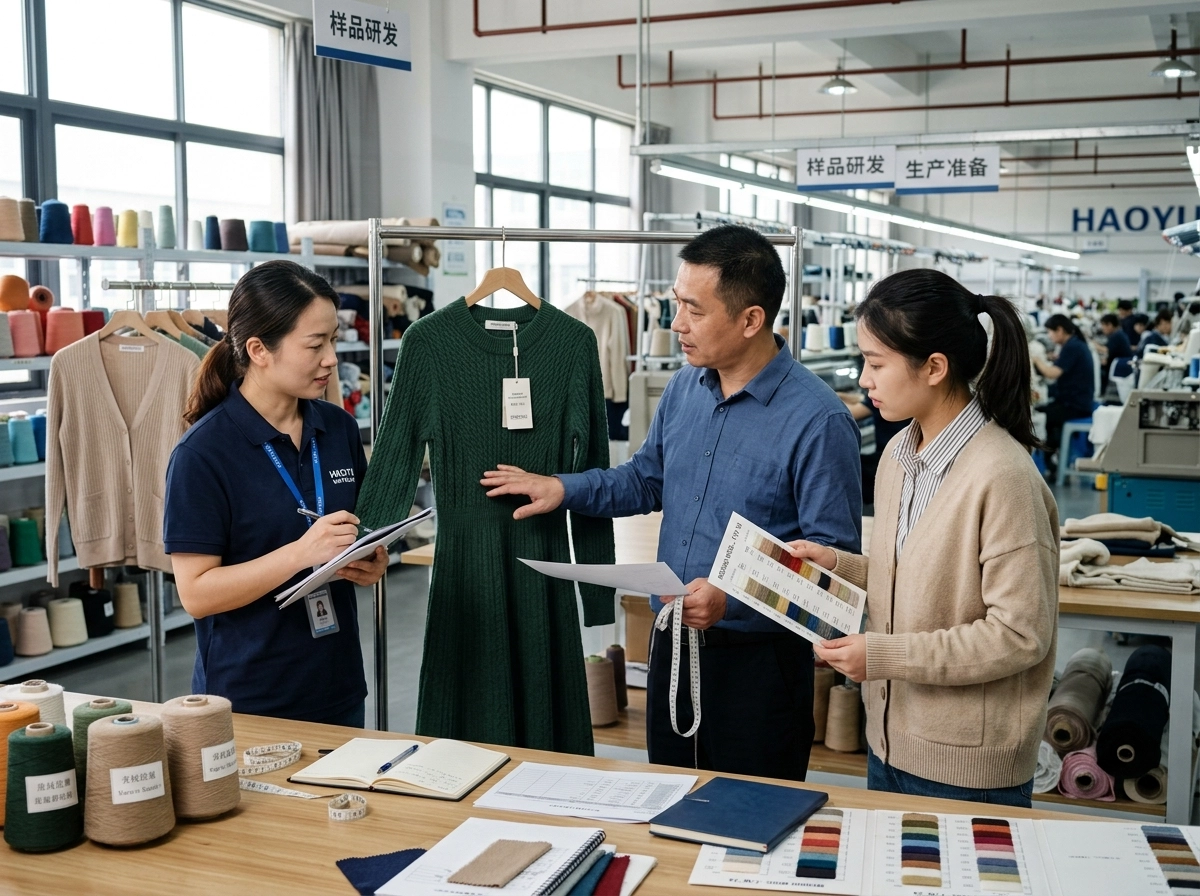 Chinese knitwear factory team reviewing women’s knitwear samples for global brand production from development to bulk delivery in a real factory setting.