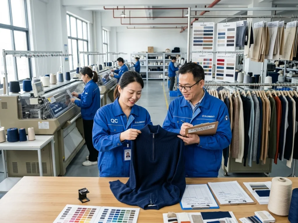 Chinese knitwear factory team inspecting a premium zip neck sweater sample in a professional production workshop for global brand manufacturing