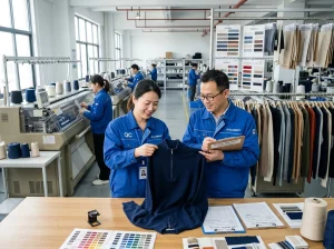 Chinese knitwear factory team inspecting a premium zip neck sweater sample in a professional production workshop for global brand manufacturing