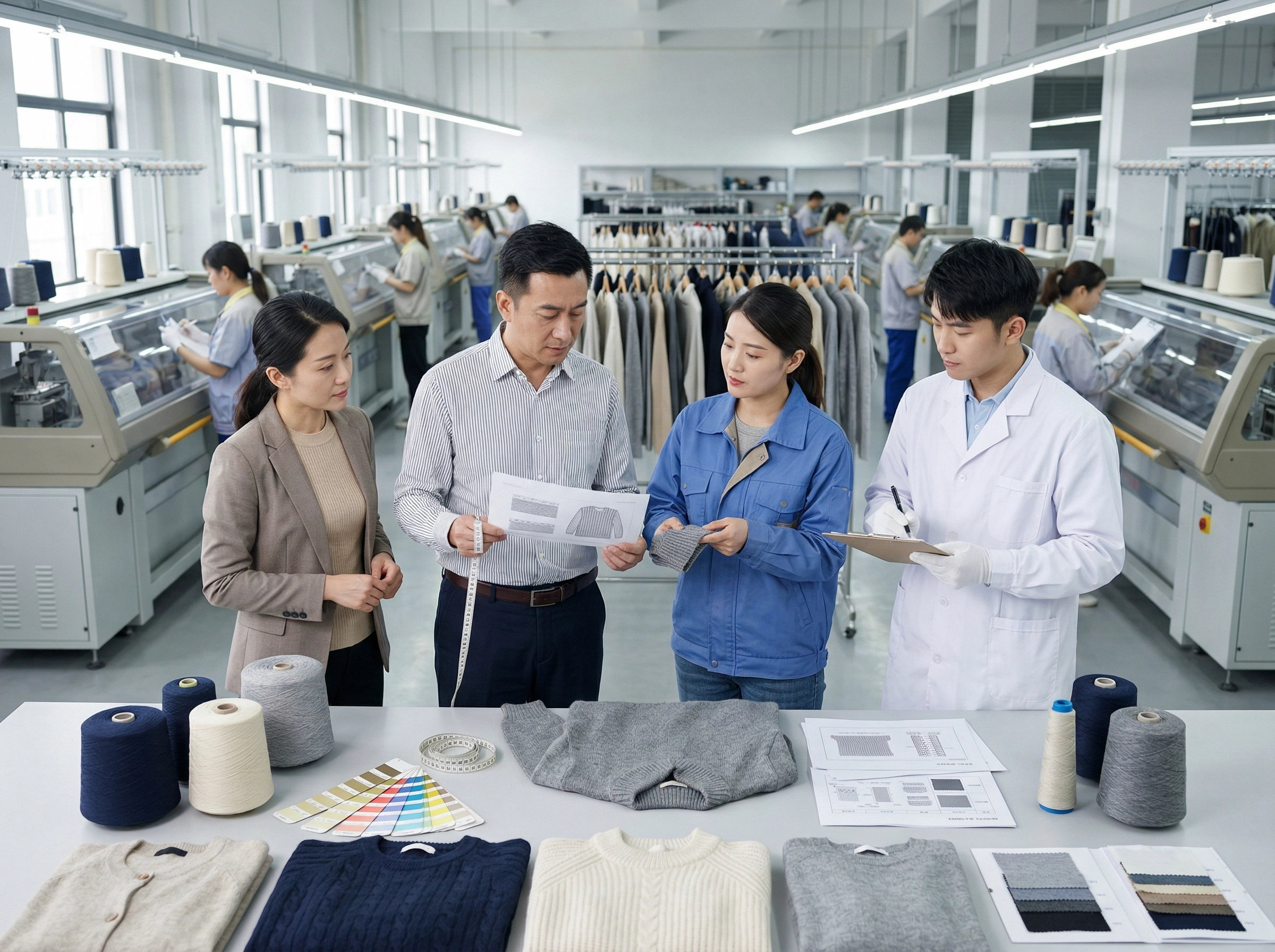 Chinese knitwear factory team reviewing sweater samples, yarn options, and production details in a modern workshop for global brand manufacturing.
