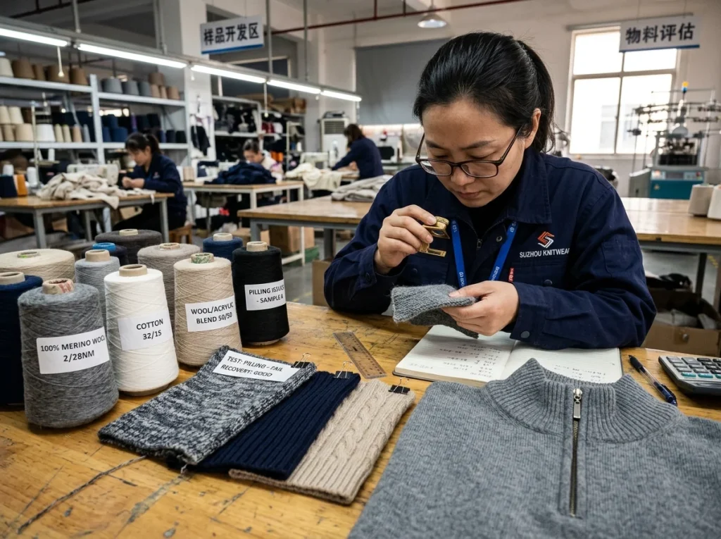 Chinese knitwear developer comparing yarns and fabric swatches for a men’s zip neck sweater in a factory sample room