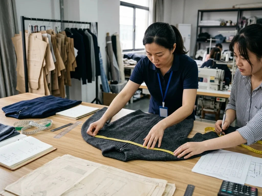 Chinese technical team measuring a men’s zip neck knit sweater sample for Western market sizing in a knitwear factory office