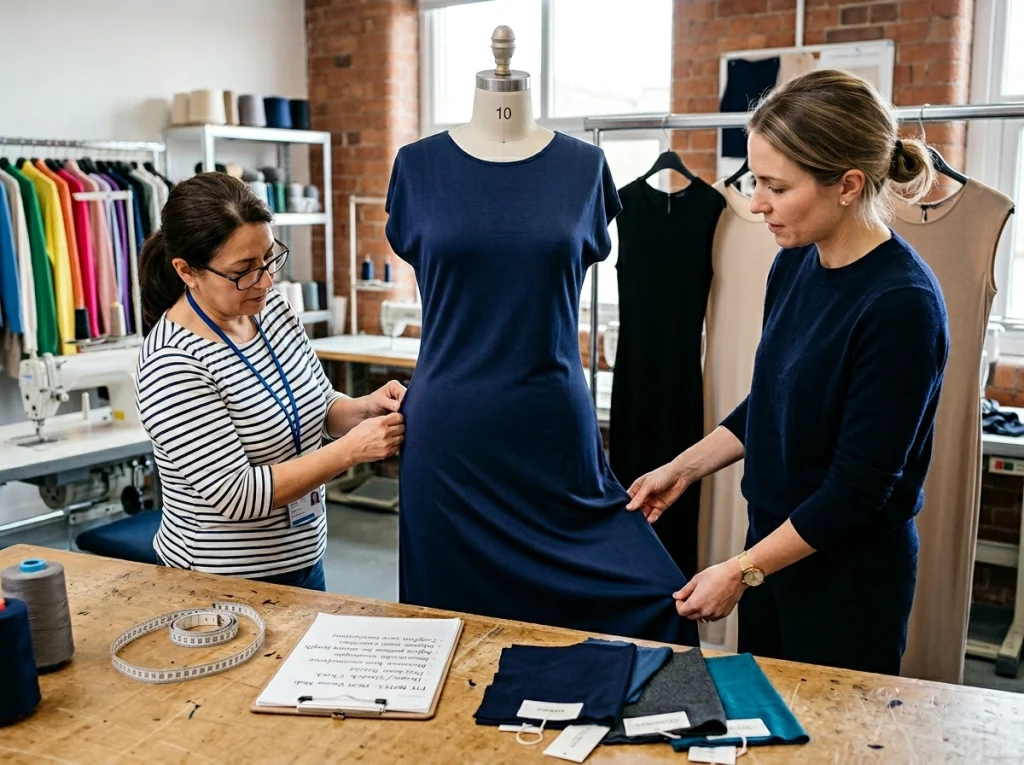 Product developer checks the drape and stretch of a viscose blend ladies knitted dress on a dress form in a knitwear sample room.