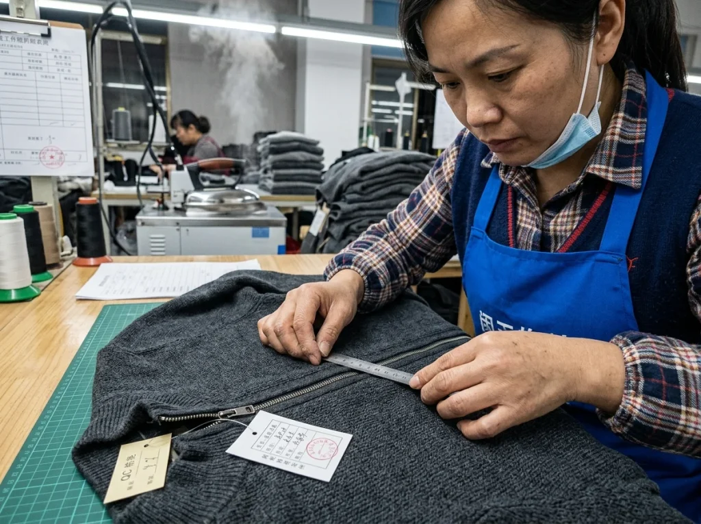 Chinese factory technician inspecting the flatness of zipper tape and knit fabric on a men’s half zip sweater after finishing