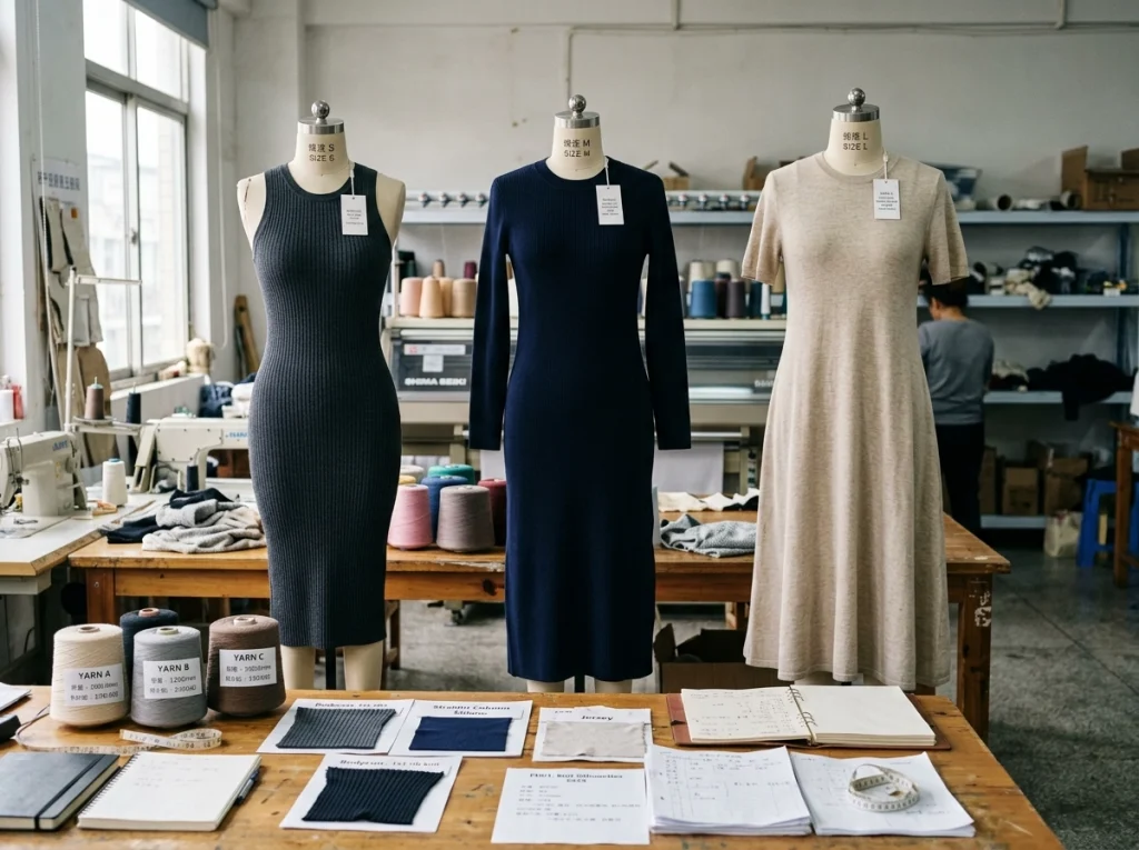 Different women’s knit dress samples displayed in a Chinese knitwear factory to compare silhouette, stitch structure, and yarn behavior for sizing strategy decisions.