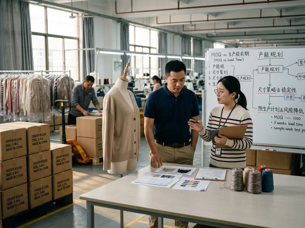 Chinese knitwear factory staff preparing women’s knitwear samples and production materials while planning MOQ, lead time, and delivery consistency.