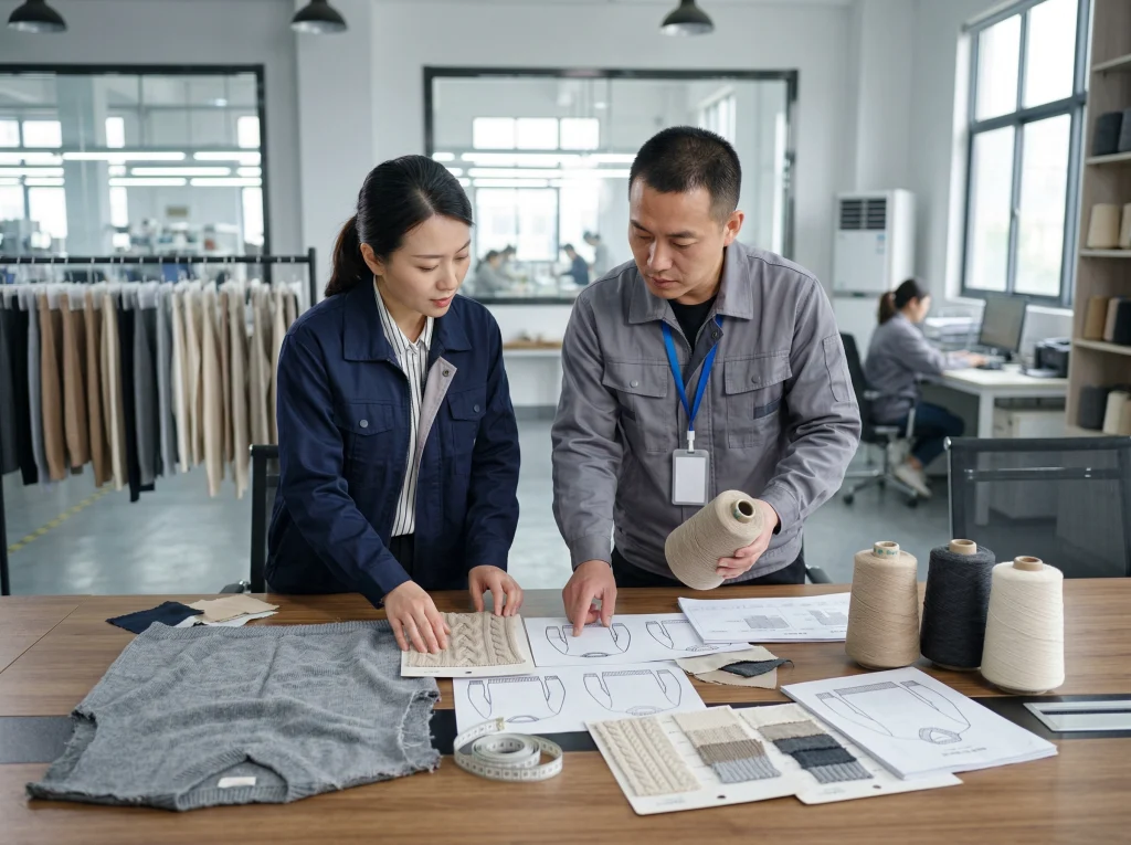 Chinese knitwear product developers reviewing sweater sketches, yarn cones, and knit swatches before sample development.
