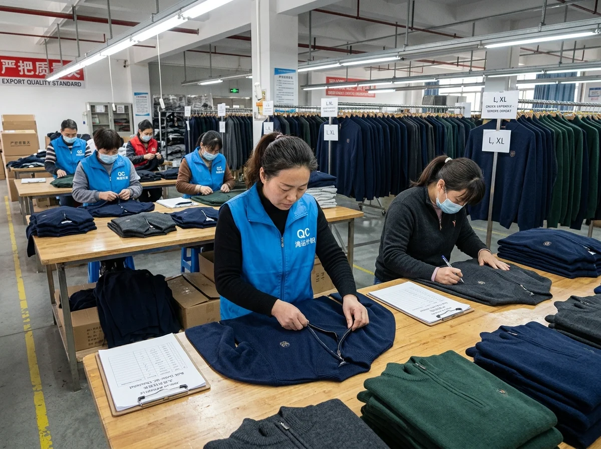 Chinese factory quality control team inspecting bulk men’s zip neck sweaters before packing and shipment