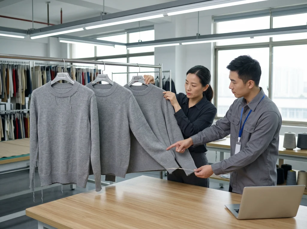 Chinese knitwear team comparing multiple sweater sample versions before bulk production approval.