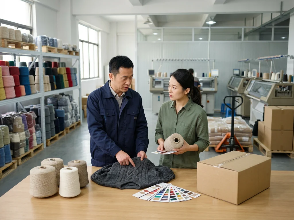 Chinese knitwear factory managers discussing sweater samples, yarn supply, production planning, and shipment timing.