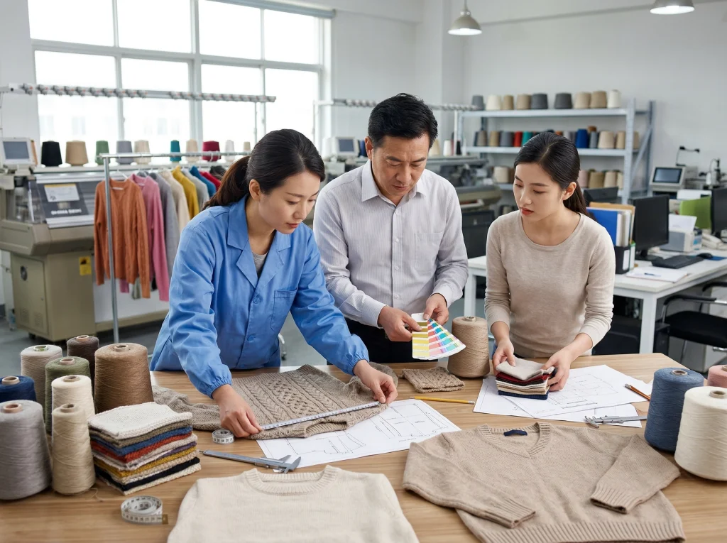 Chinese knitwear technicians comparing sweater swatches, yarns, and measurement tools before confirming key sampling details.