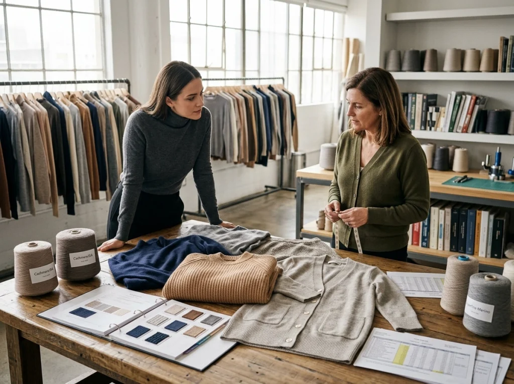 Buyer and factory specialist review a small premium cashmere-blend knitwear capsule with selected sweaters and cardigans.