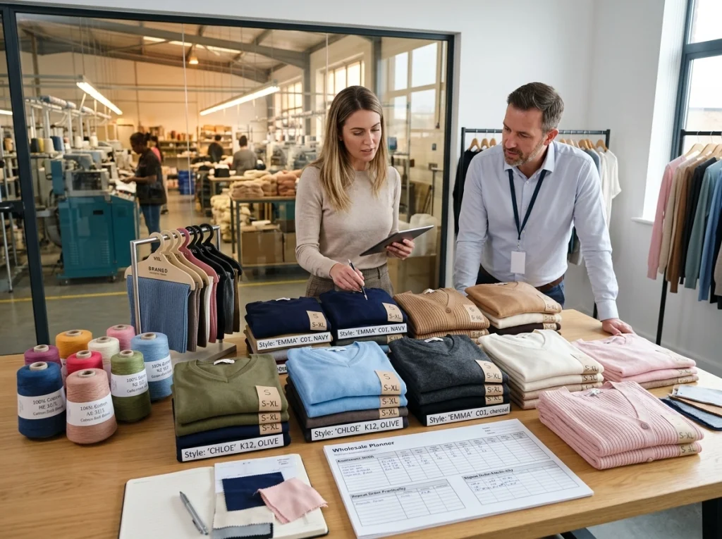 Cotton-rich sweaters and cardigans in multiple colors are reviewed for a trans-seasonal wholesale knitwear program.