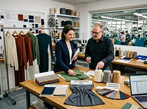 Buyer and knitwear factory manager review five fabric options for a wholesale ladies knitwear collection in a professional sample room.