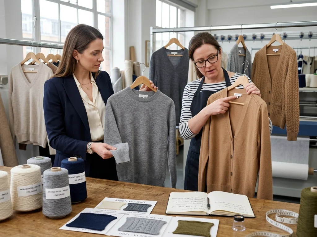 Sourcing manager and knitwear technician inspect premium merino wool sweaters and cardigans with yarn cones and knit swatches.