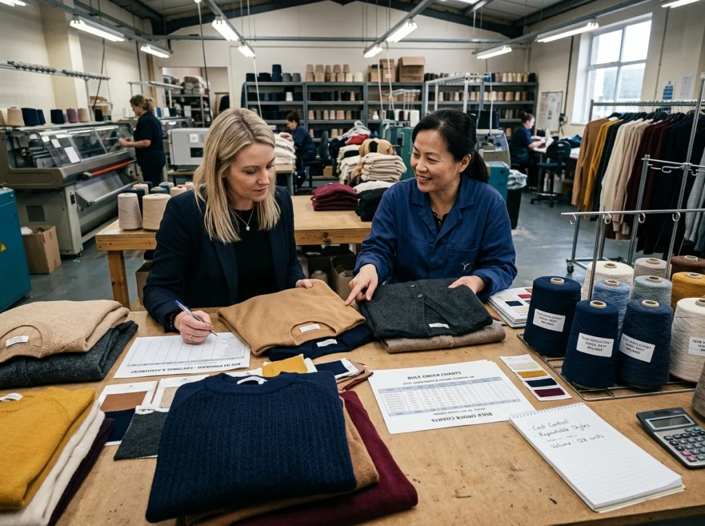 Wholesaler and factory merchandiser review commercial blend women’s jumpers and cardigans for a price-sensitive bulk program.