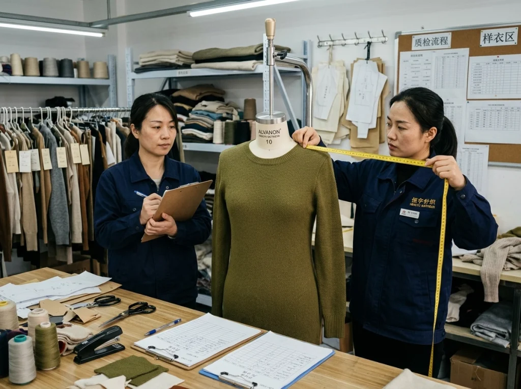 Chinese factory technician checking the fit balance, sleeve drop, and hanging shape of a women’s long sleeve knit dress sample in a knitwear development room.