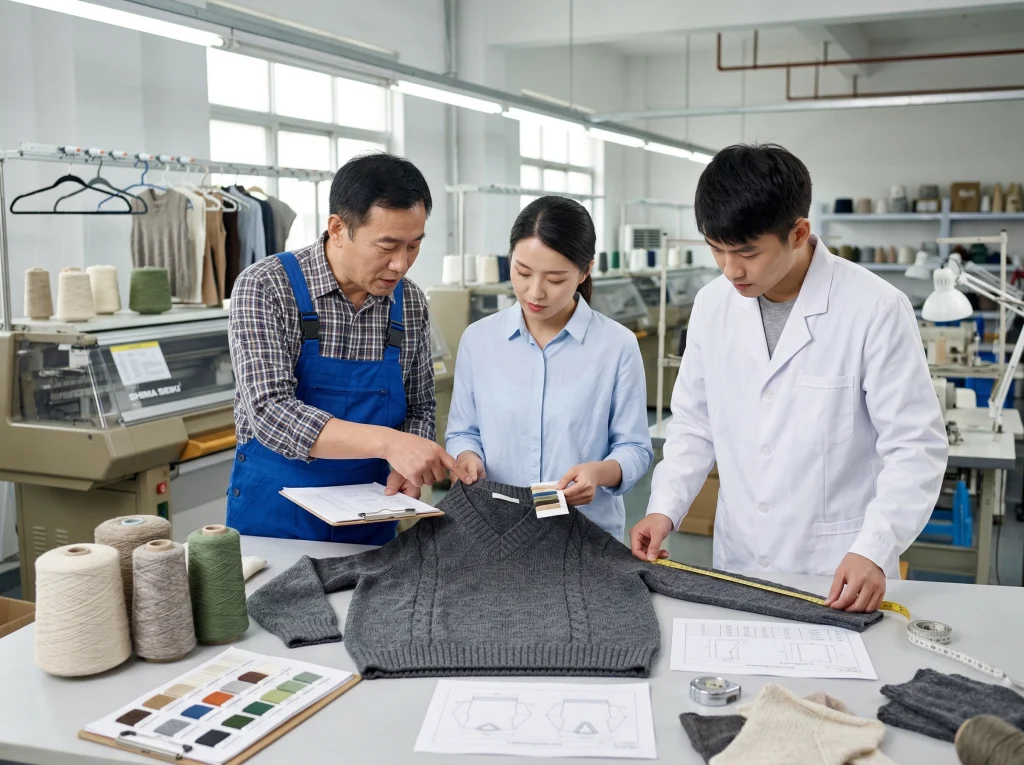 Chinese knitwear development team reviewing a sweater sample, yarn cards, and measurement details to identify causes of sampling delays.