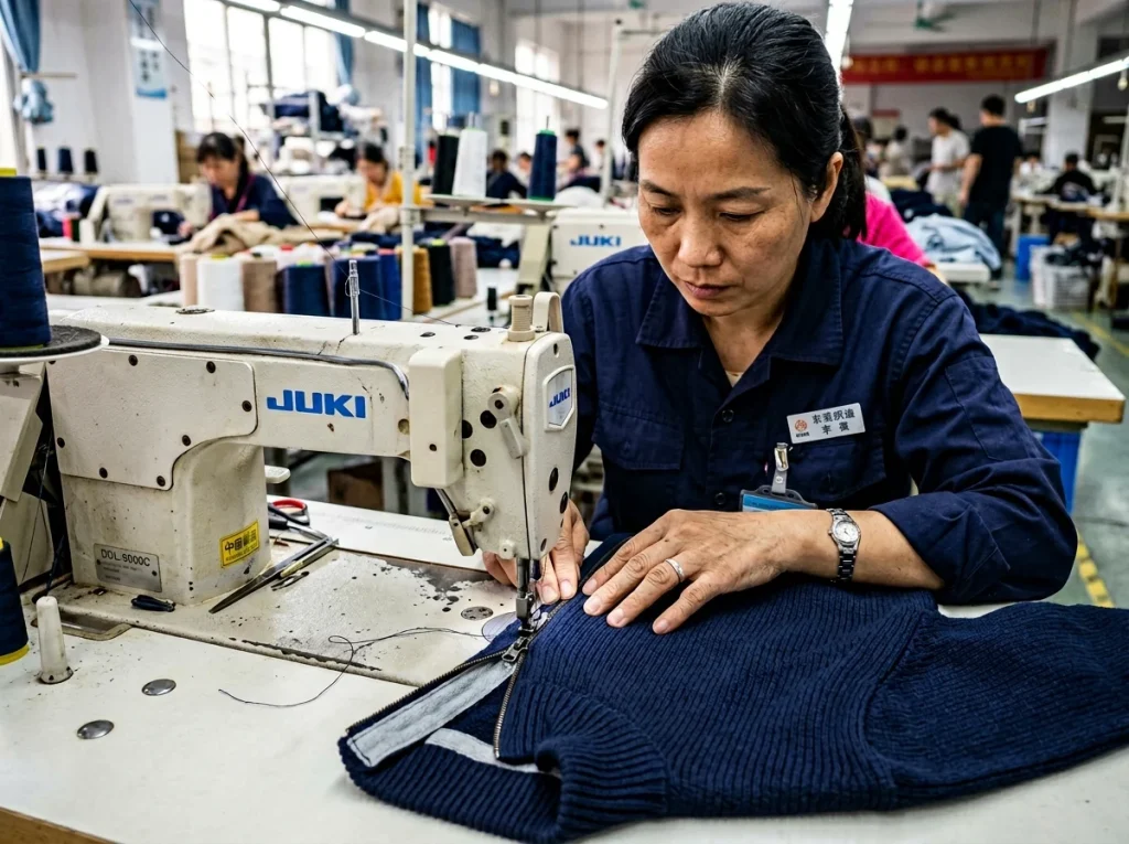 Chinese factory technician installing a zipper into a men’s knit sweater with precise placket construction and professional sewing details