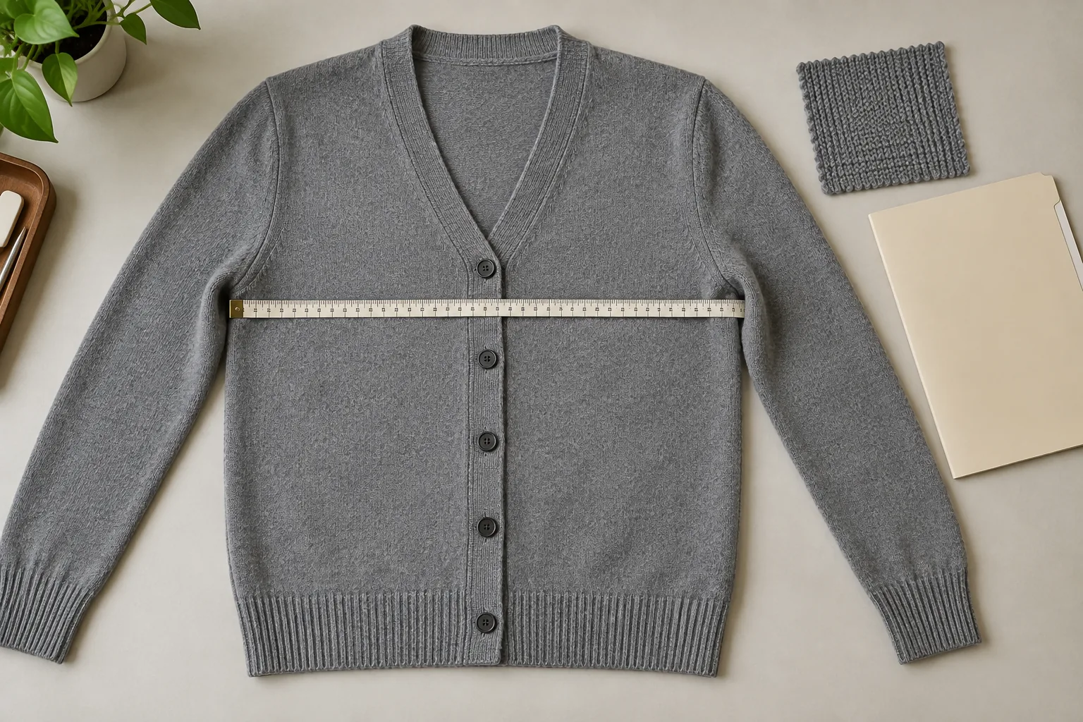 Grey cardigan laid flat with a tape across the chest and a separate knit swatch