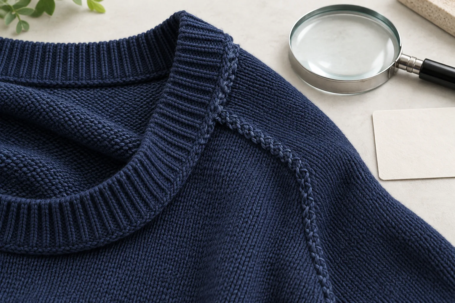 Close view of navy knit neckline and seam details beside a magnifying glass
