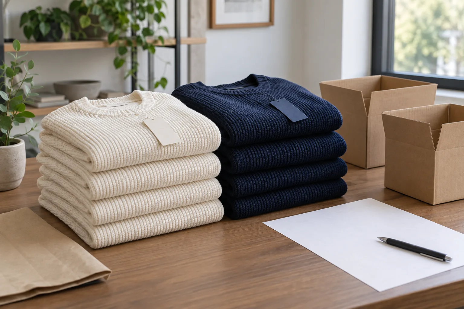 Separate cream and navy sweater stacks beside open cartons and an unmarked packing sheet