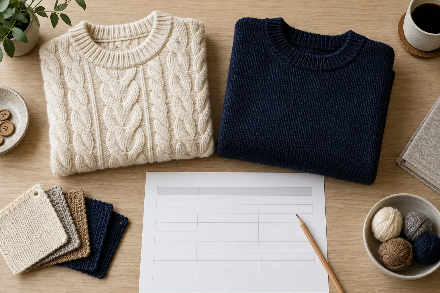 Sweater samples and a comparison sheet for reviewing wholesale knitwear suppliers