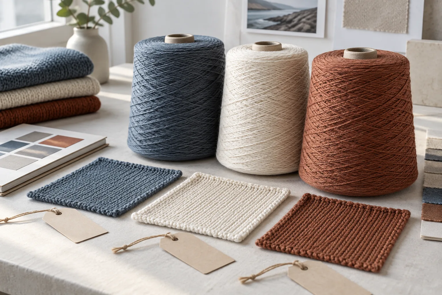 Slate blue, cream and rust yarn cones beside knitted swatches and blank tags