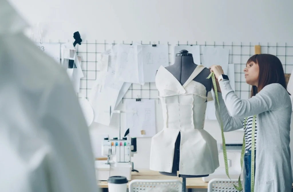 Fashion designer adjusting a sample garment during pullover sweater development approval