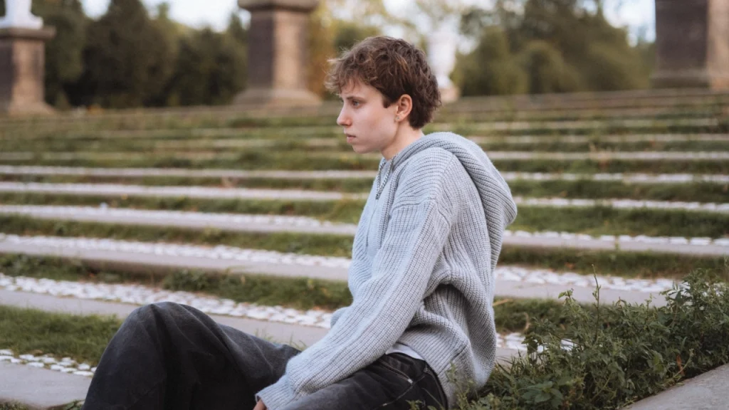 Patterned knit zip up hoodie with hooded back design in an outdoor forest setting
