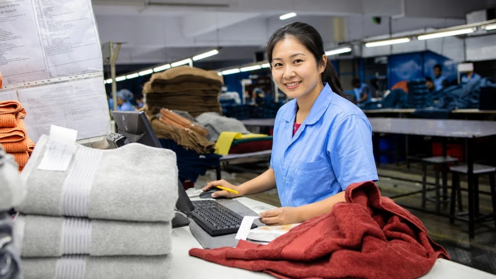 Knitwear factory worker checking garments for custom clothing manufacturers for knitwear