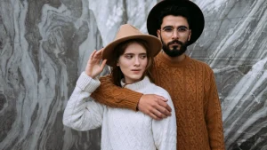 Custom Knit Sweaters cable knit styles worn by two models in outdoor setting.