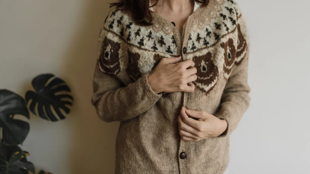 Custom Knit Sweaters patterned cardigan with button-front construction and soft texture.