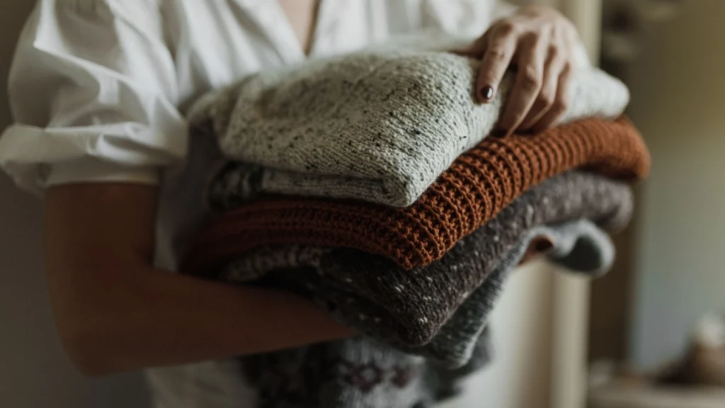 Sweater manufacturer folded knitwear stack showing texture, yarn quality, and finished sweater feel