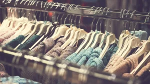 Wholesale knitwear sweaters displayed on hangers in soft pastel colors for retail and bulk collection planning.