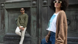 Urban model wearing a long brown cardigan for Wholesale Cardigan Sweaters styling