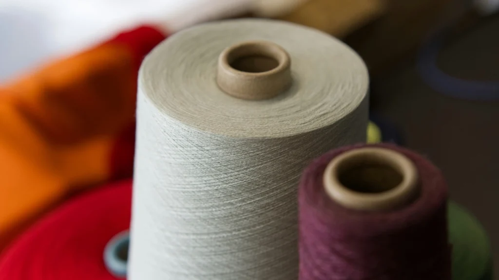 Yarn cones prepared for pre production sample material and color verification.