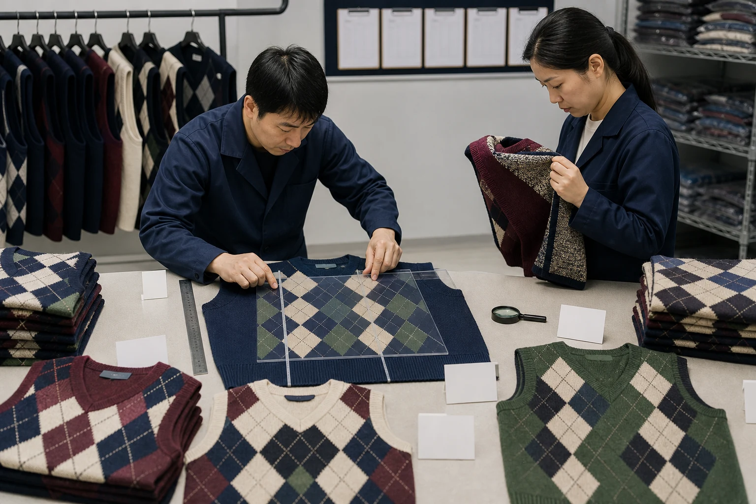 Quality technicians checking argyle vest centre offset diamond width diagonal continuity and reverse floats